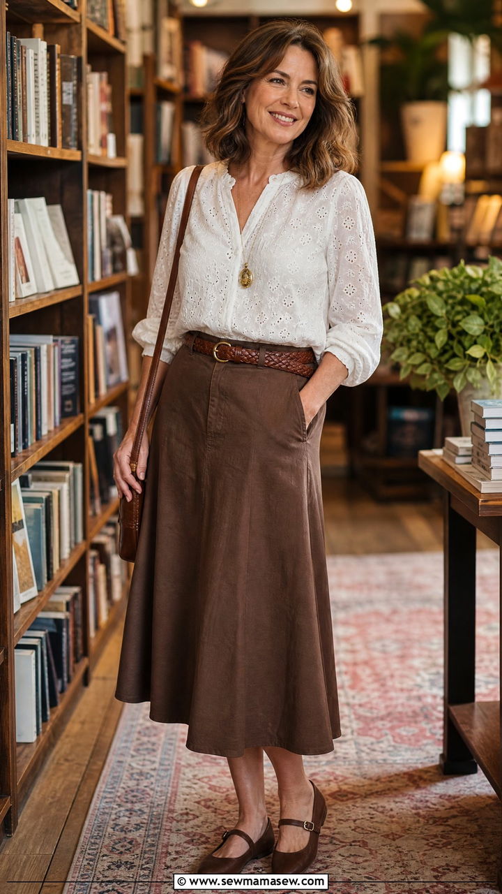 Eyelet Blouse Outfit with Brown Midi Skirt and Mary Janes - 25 light academia outfit ideas for women over 40