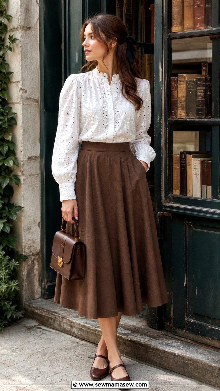 Eyelet Blouse With Flared Brown Skirt And Mary Janes - 40 light academia outfits for women