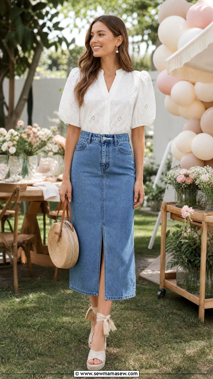 Eyelet Blouse and Denim Midi Skirt with Espadrille Sandals - 30 summer denim skirt outfit ideas