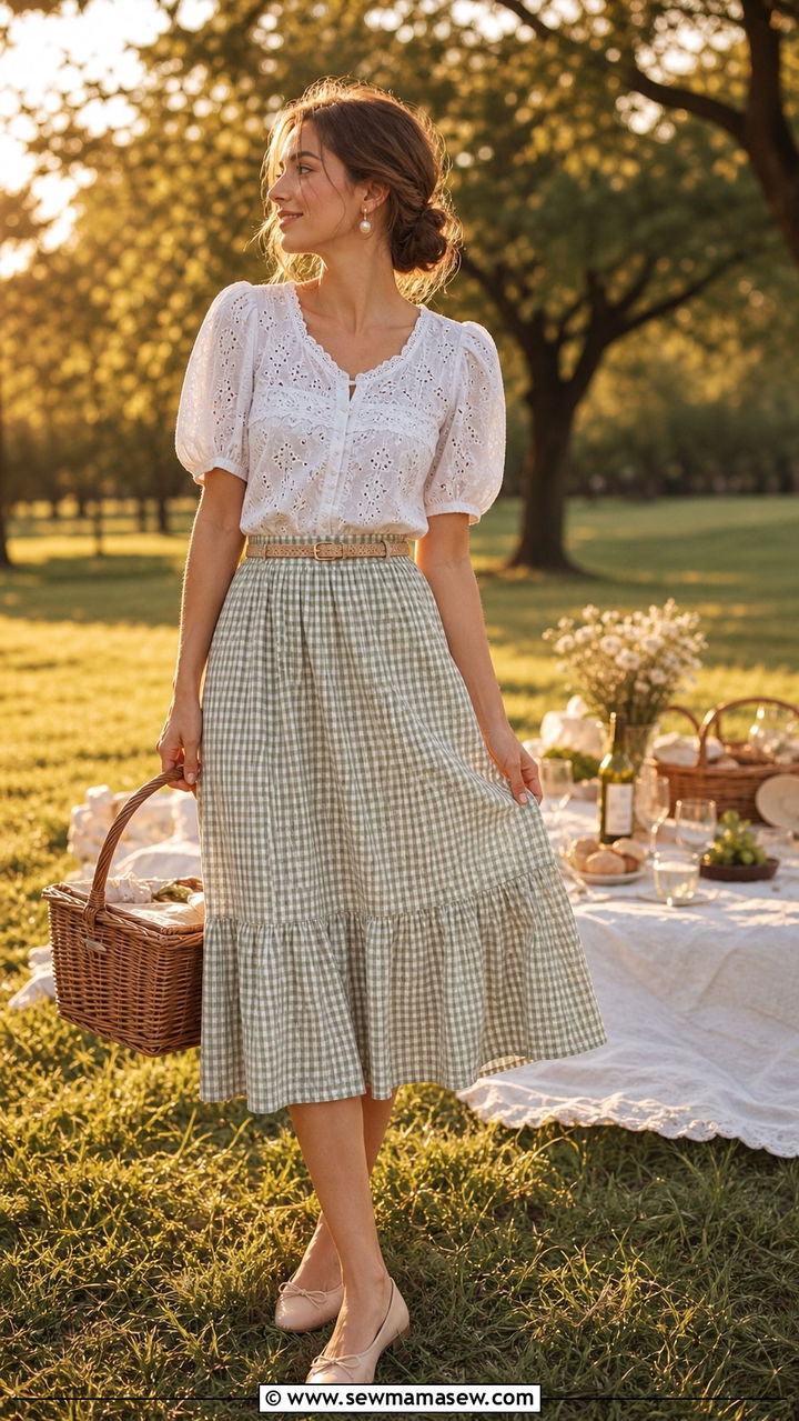 Eyelet Blouse and Gingham Midi Skirt - 40 summer cottagecore outfits