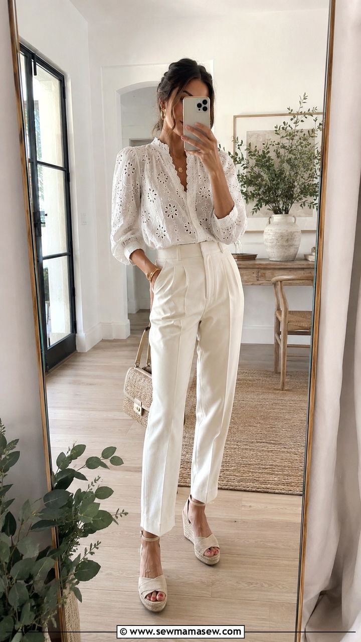 Eyelet Blouse and High Waisted Trousers - 30 cute spring to summer outfits