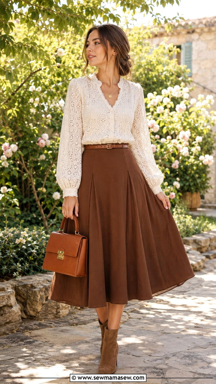 Eyelet Blouse with Flared Brown Skirt - 30 light academia outfits to copy