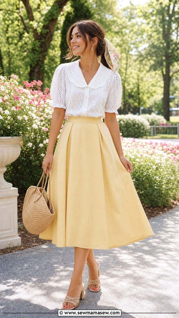 Eyelet Cotton Blouse And A Line Midi Skirt - 25 Summer cottagecore outfits 2026