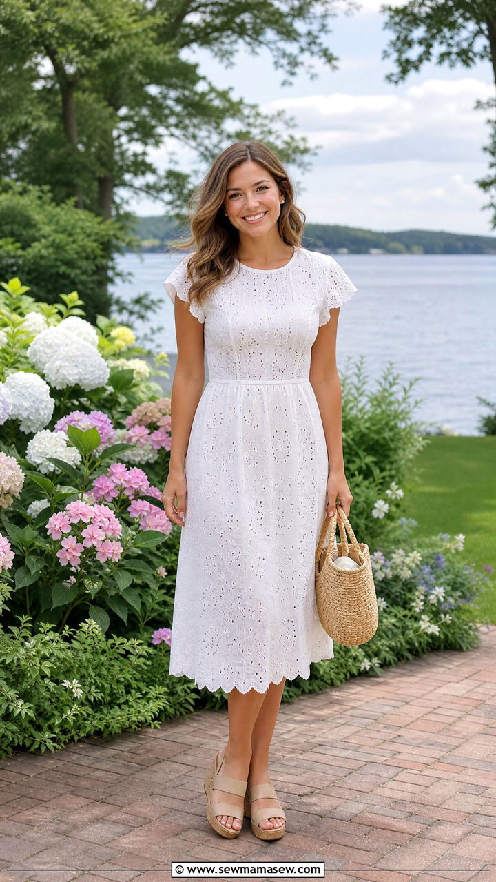Eyelet Cotton Dress Wedge Sandals Lake House Outfit - 35 Lake house outfit ideas