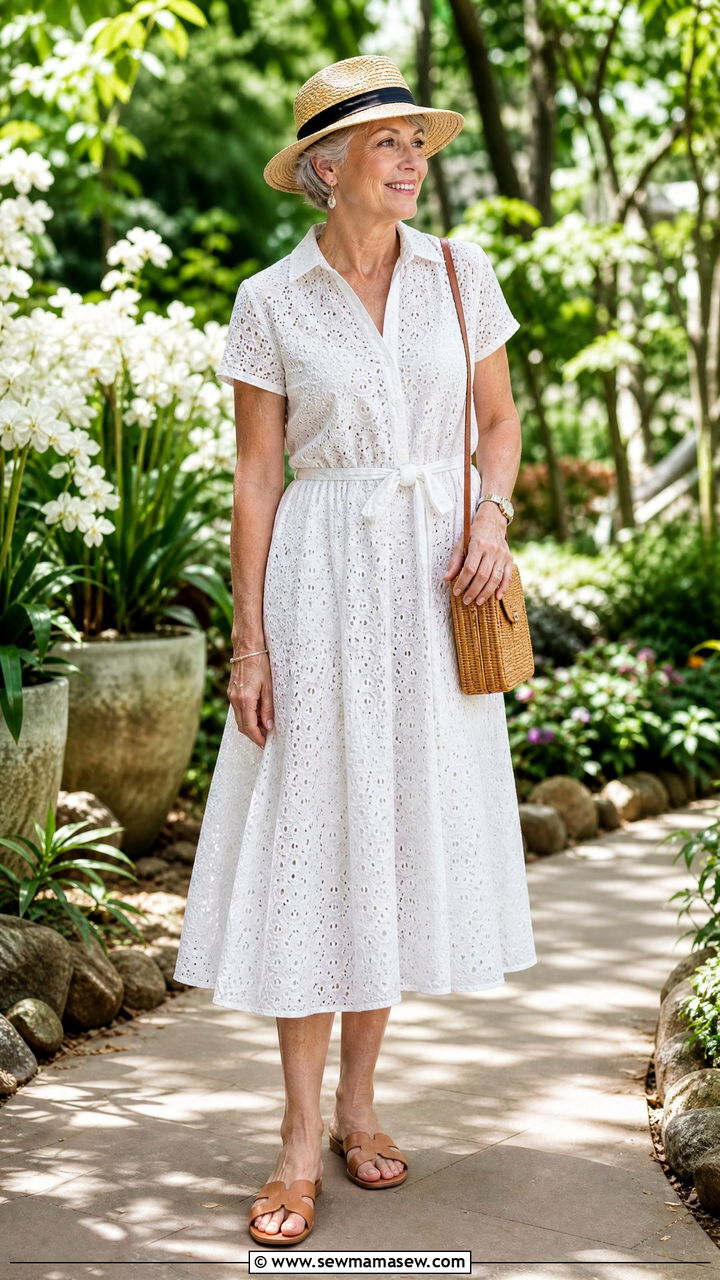 Eyelet Cotton Dress and Straw Fedora with Slide Sandals - 30 Concert outfits for women over 60