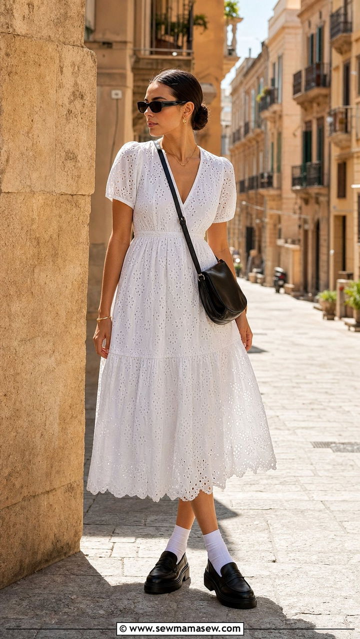 Eyelet Cotton Midi Dress With Chunky Loafers - 25 European summer outfits aesthetic