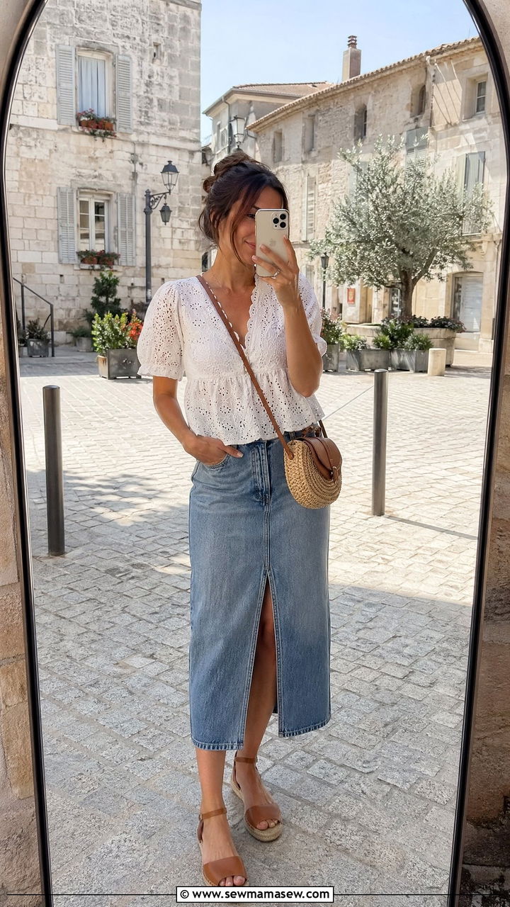 Eyelet Cotton Top and Denim Midi Skirt - 35 European vacation outfit ideas