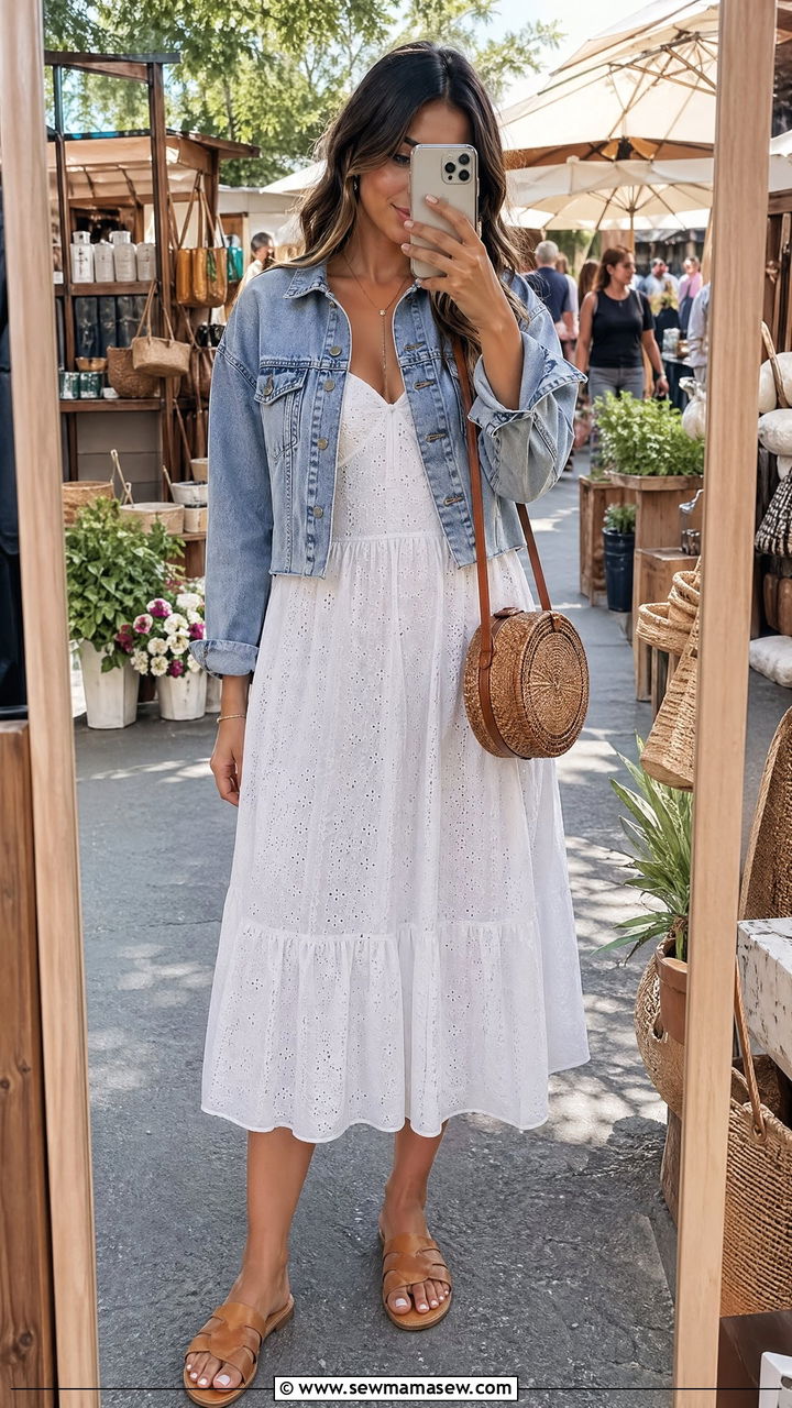 Eyelet Dress With Cropped Denim Jacket and Sandals - 35 Eyelet dress outfit ideas