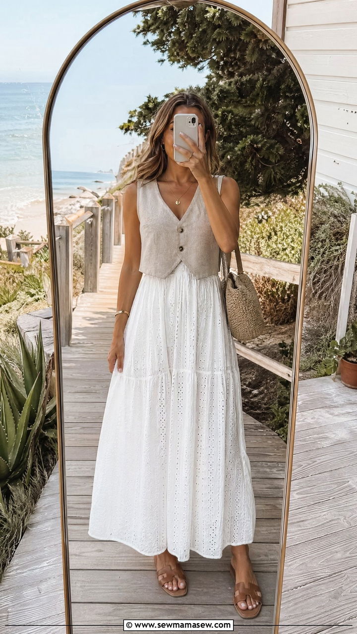 Eyelet Dress With Cropped Top Layered Over - 35 Eyelet dress outfit ideas
