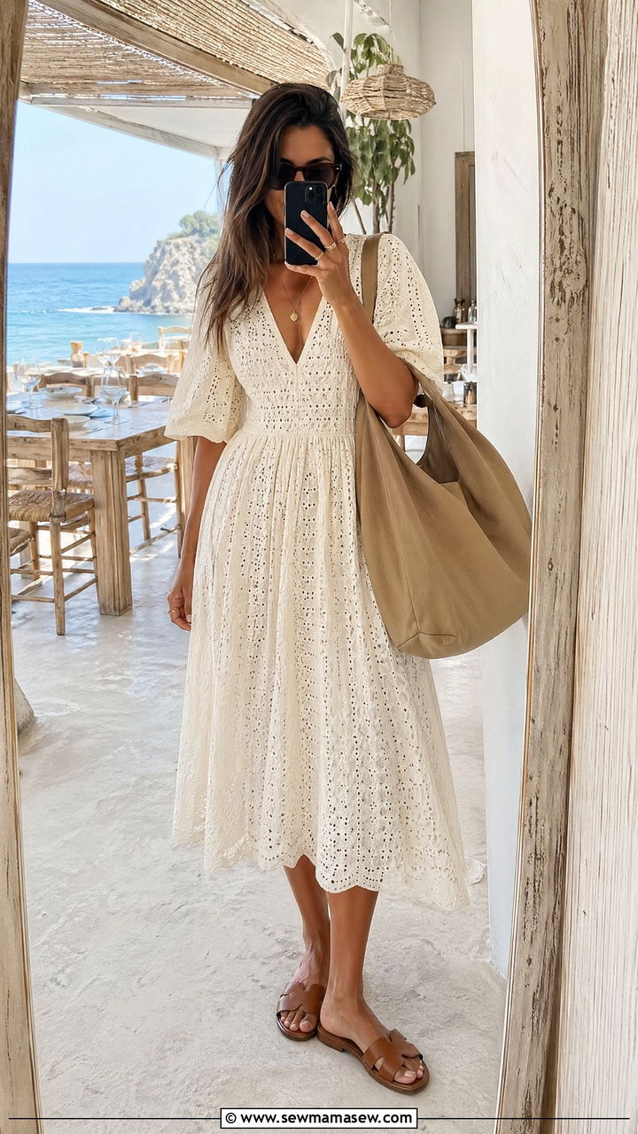 Eyelet Dress With Slide Sandals and Oversized Tote - 35 Eyelet dress outfit ideas