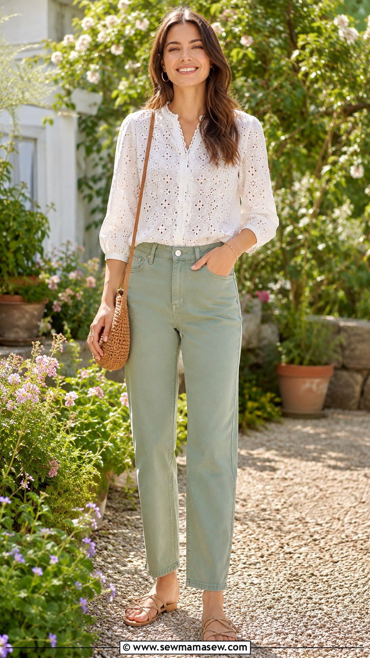 Eyelet Lace Blouse With Colored Denim Outfit - 30 Mid spring outfits