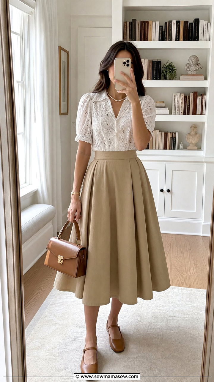 Eyelet Lace Blouse With Flared Khaki Skirt and Mary Jane Flats - 30 summer light academia outfits