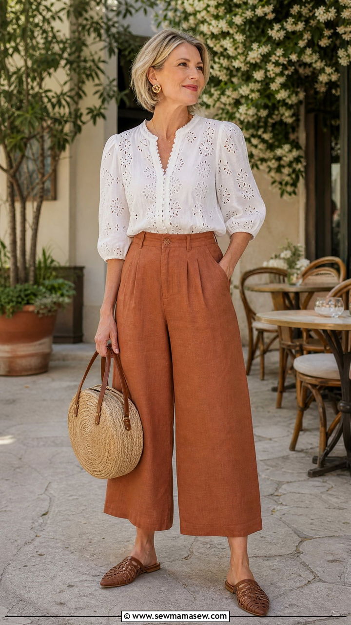Eyelet Lace Blouse With Linen Culottes - 30 cottagecore outfit ideas for women over 40