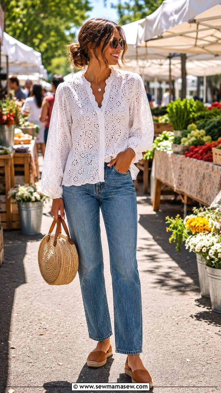 Eyelet Lace Blouse With Straight Leg Jeans - 25 May outfit ideas