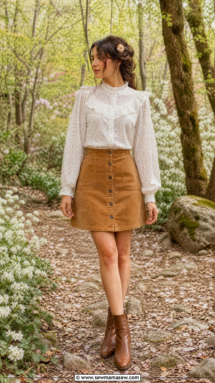 Eyelet Lace Blouse with Corduroy Skirt and Ankle Boots - 30 Cottagecore spring outfits