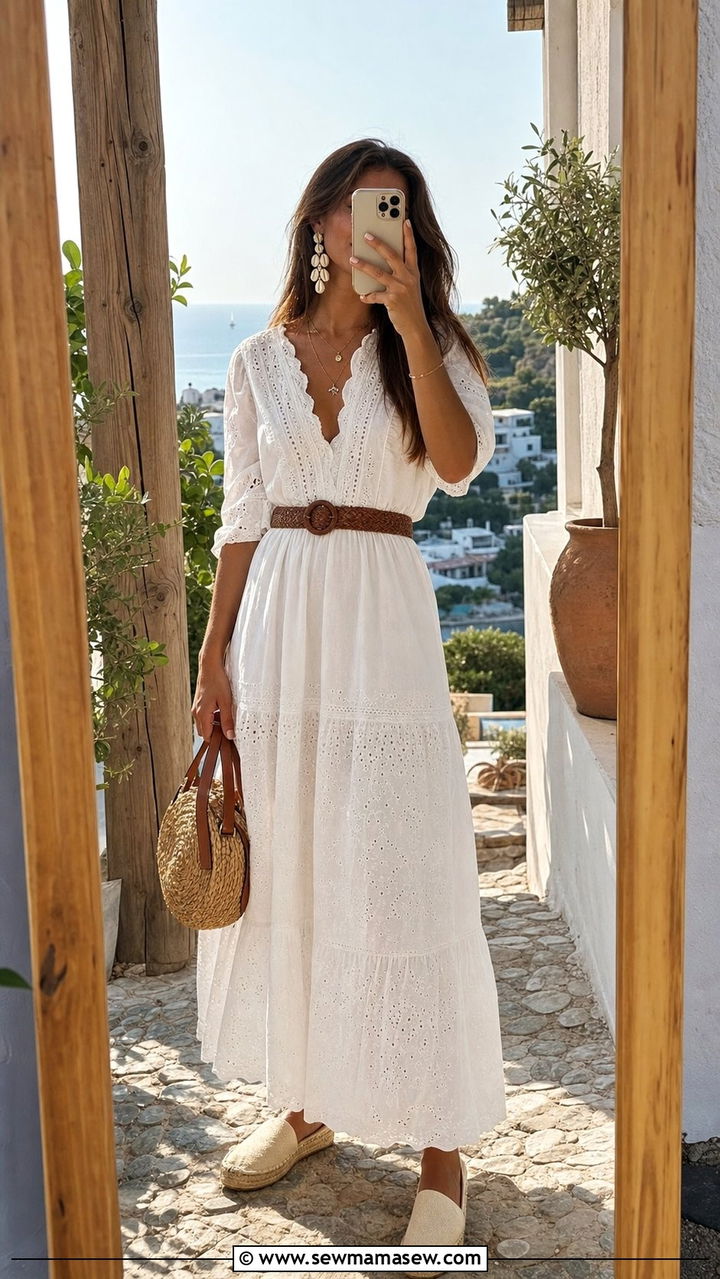 Eyelet Lace Cotton Maxi Dress with Woven Belt - 35 Boho summer outfit ideas 2026