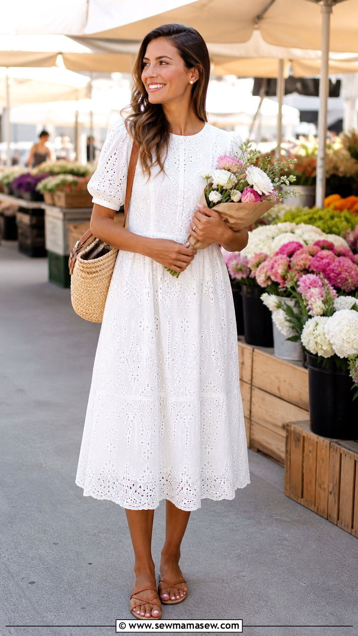 Eyelet Lace Dress And Basket Bag Farmers Market Outfit - 40 Spring farmers market outfits