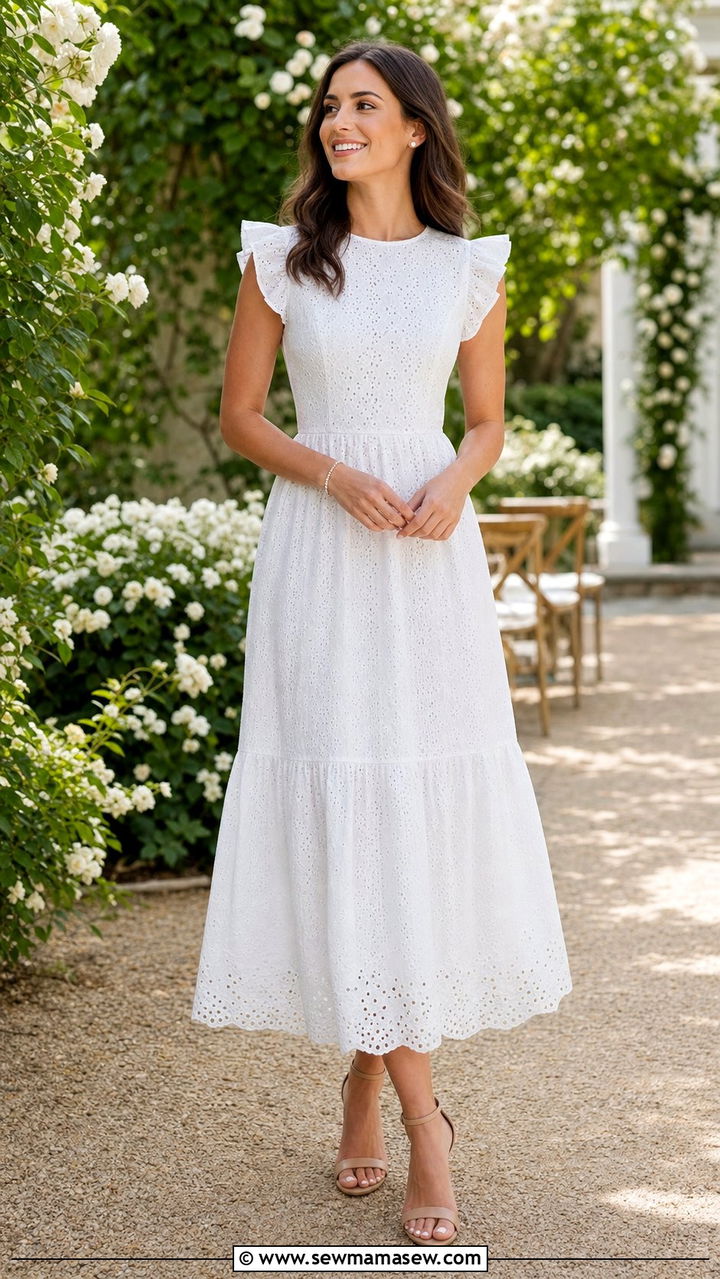 Eyelet Lace Dress With Pearl Studs And Tennis Bracelet - 25 Summer outfits with jewelry