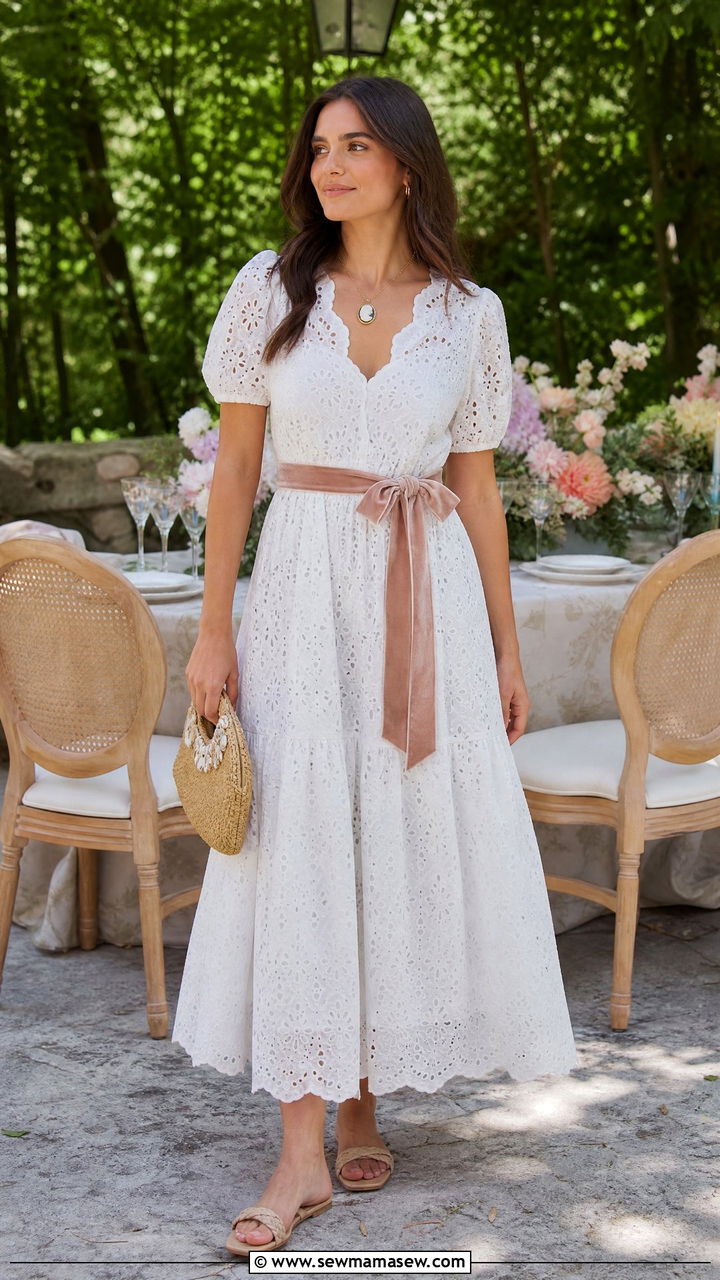 Eyelet Lace Dress With Ribbon Belt - 30 Cottagecore summer outfits