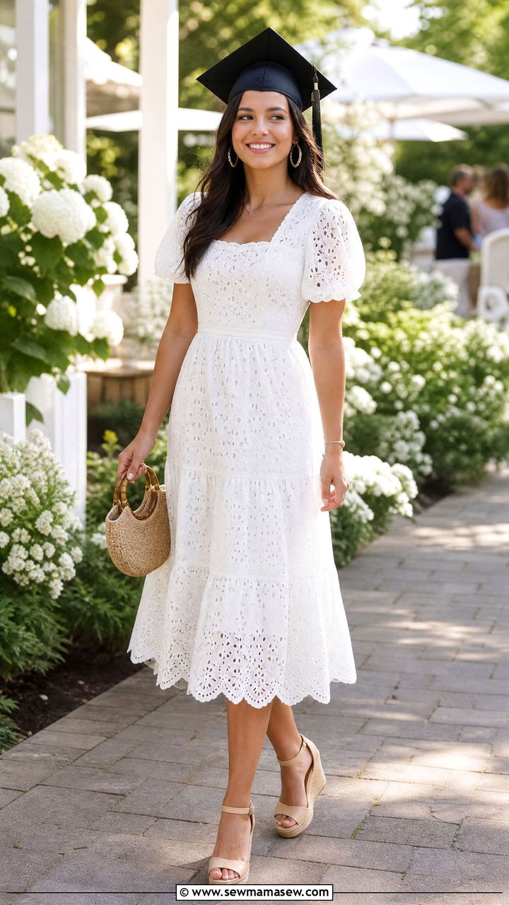 Eyelet Lace Dress With Straw Accessories - 35 graduation outfits 2026