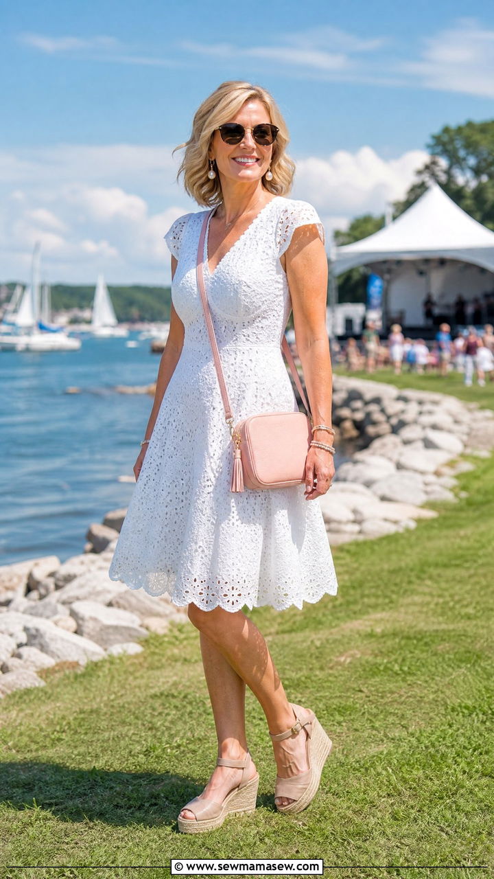 Eyelet Lace Dress with Espadrille Wedges Festival Look - 30 music festival outfits for women over 40