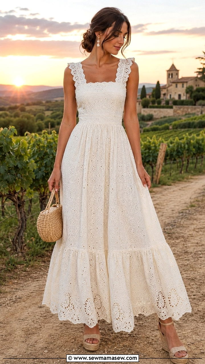 Eyelet Lace Maxi Dress With Heeled Espadrilles And Pearl Earrings - 25 Provence outfit ideas