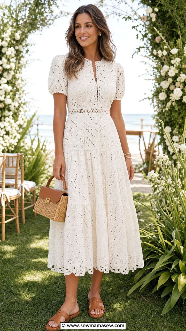 Eyelet Lace Midi Dress With Straw Bag For Beach Wedding - 35 Beach wedding guest outfits