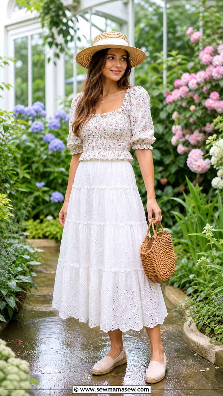 Eyelet Lace Midi Skirt and Smocked Top - 40 summer cottagecore outfits