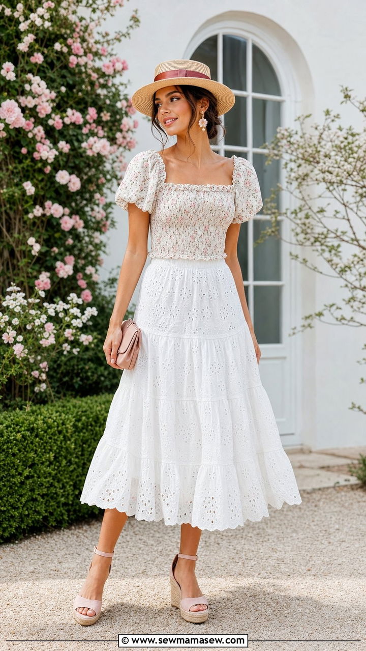 Eyelet Lace Midi Skirt with Smocked Top - 25 cottagecore capsule wardrobe outfits