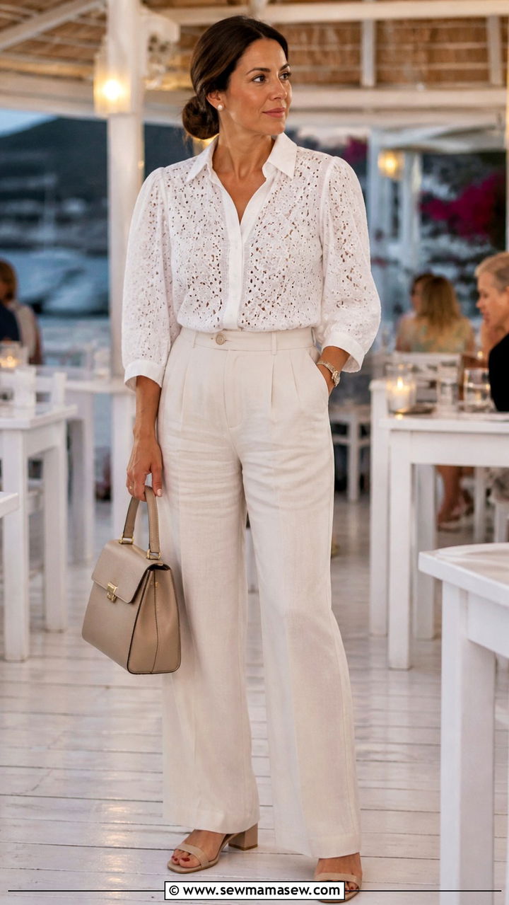 Eyelet Lace Top With Linen Trousers And Block Heels - 40 Coastal summer outfits