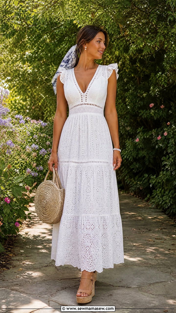 Eyelet Maxi Dress With Cork Wedges - 30 Maxi dress outfit ideas with sandals