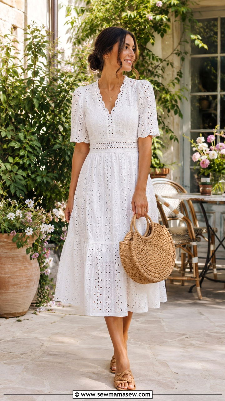 Eyelet Midi Dress With A Woven Bag - 30 Modest summer outfit ideas