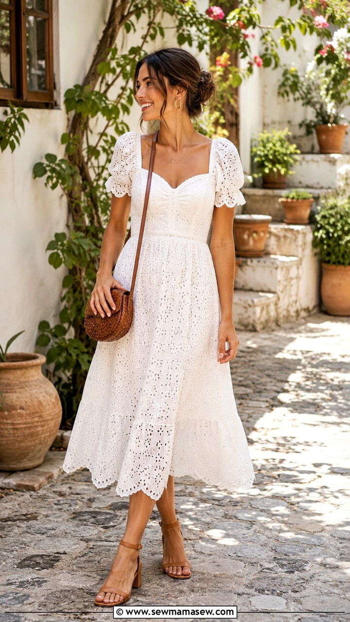 Eyelet Midi Dress With Block Heels And A Crossbody Bag - 30 classy romantic outfit ideas