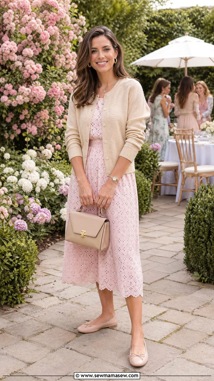 Eyelet Midi Dress With Cardigan and Ballet Flats - 35 Eyelet dress outfit ideas