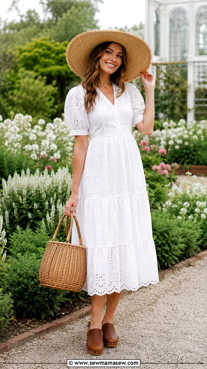 Eyelet Midi Dress With Garden Clogs - 30 Late April outfit ideas