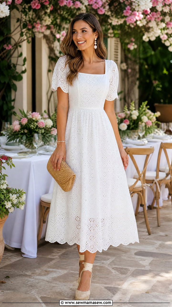 Eyelet Midi Dress With Wedges - 30 Mother's Day brunch outfit ideas