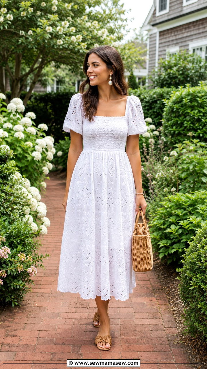 Eyelet Midi Dress With Woven Sandals - 30 Old money outfit ideas for Nantucket
