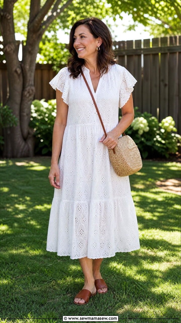 Eyelet Midi Dress and Straw Crossbody Bag - 25 bridal shower outfits for women over 40