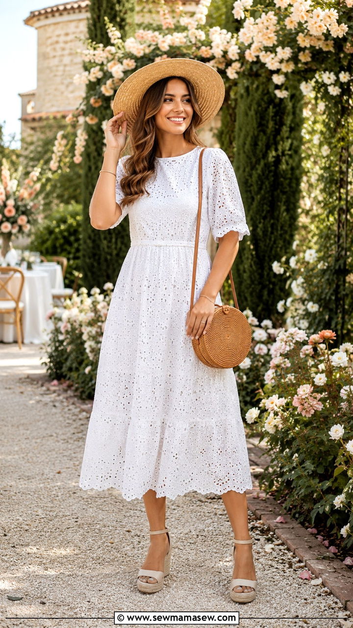 Eyelet Midi Dress with Straw Accessories - 30 Modest spring outfits