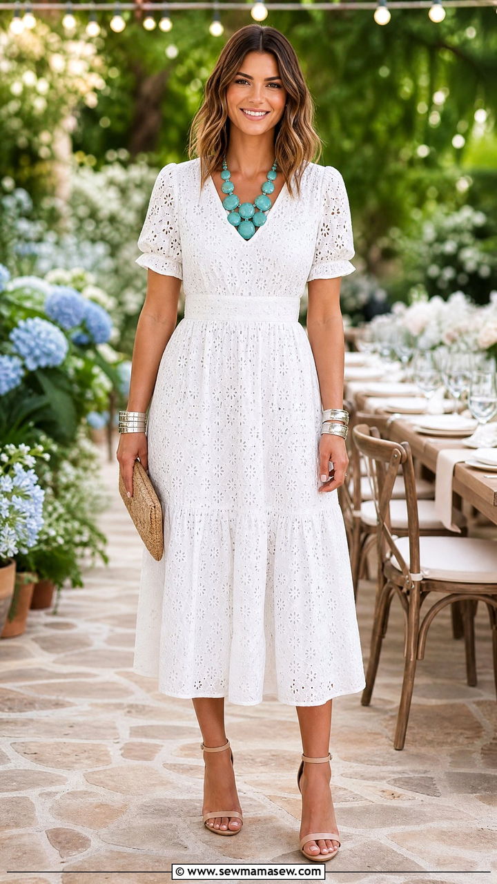 Eyelet Midi Dress with Turquoise Jewelry Outfit - 30 Country spring outfits