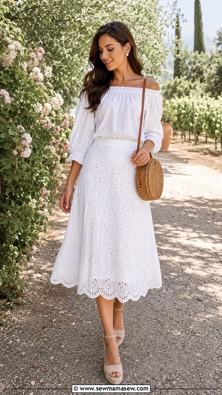 Eyelet Midi Skirt with Off Shoulder Blouse - 30 How to style a midi skirt in summer