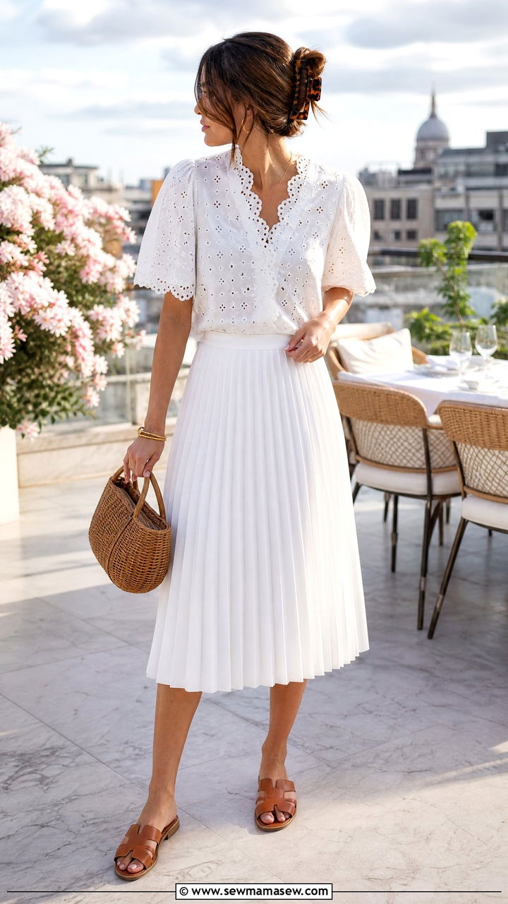 Eyelet Top and White Pleated Skirt Outfit - 30 Summer outfits with pleated skirts