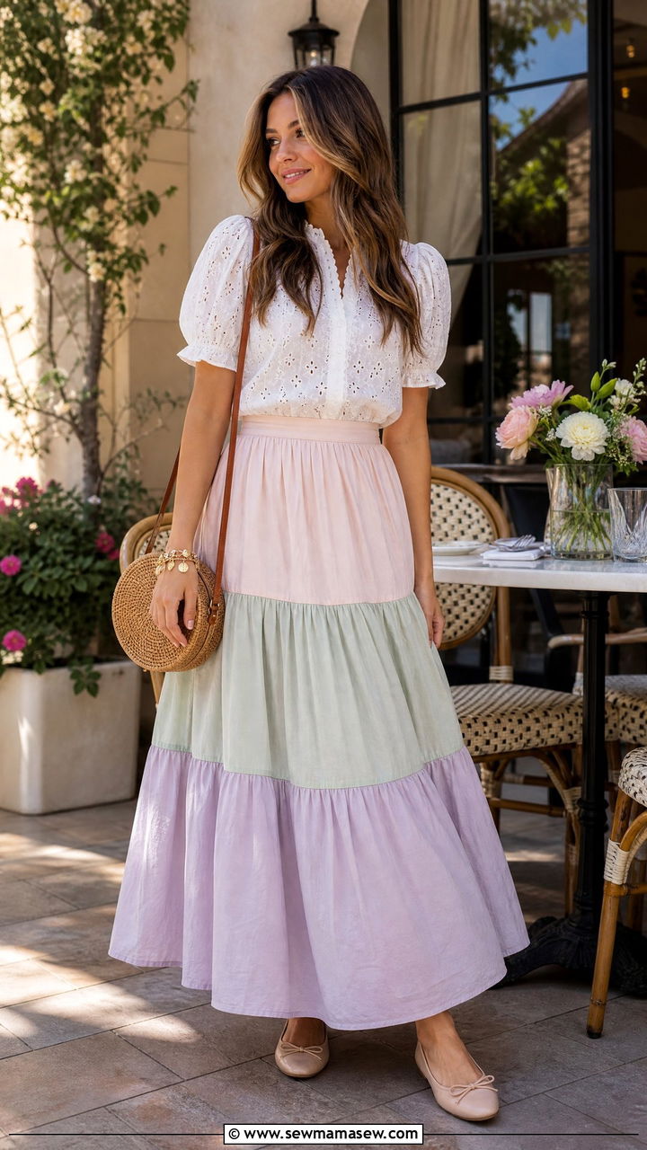 Eyelet blouse with cotton tiered maxi skirt - 35 maxi skirt outfits for women