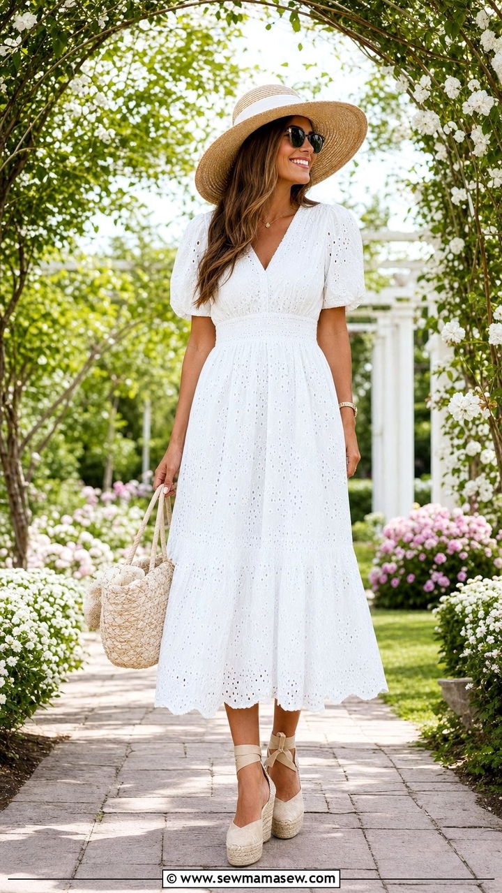 Eyelet dress and espadrille wedges spring look - 25 Cute spring outfit ideas 2026