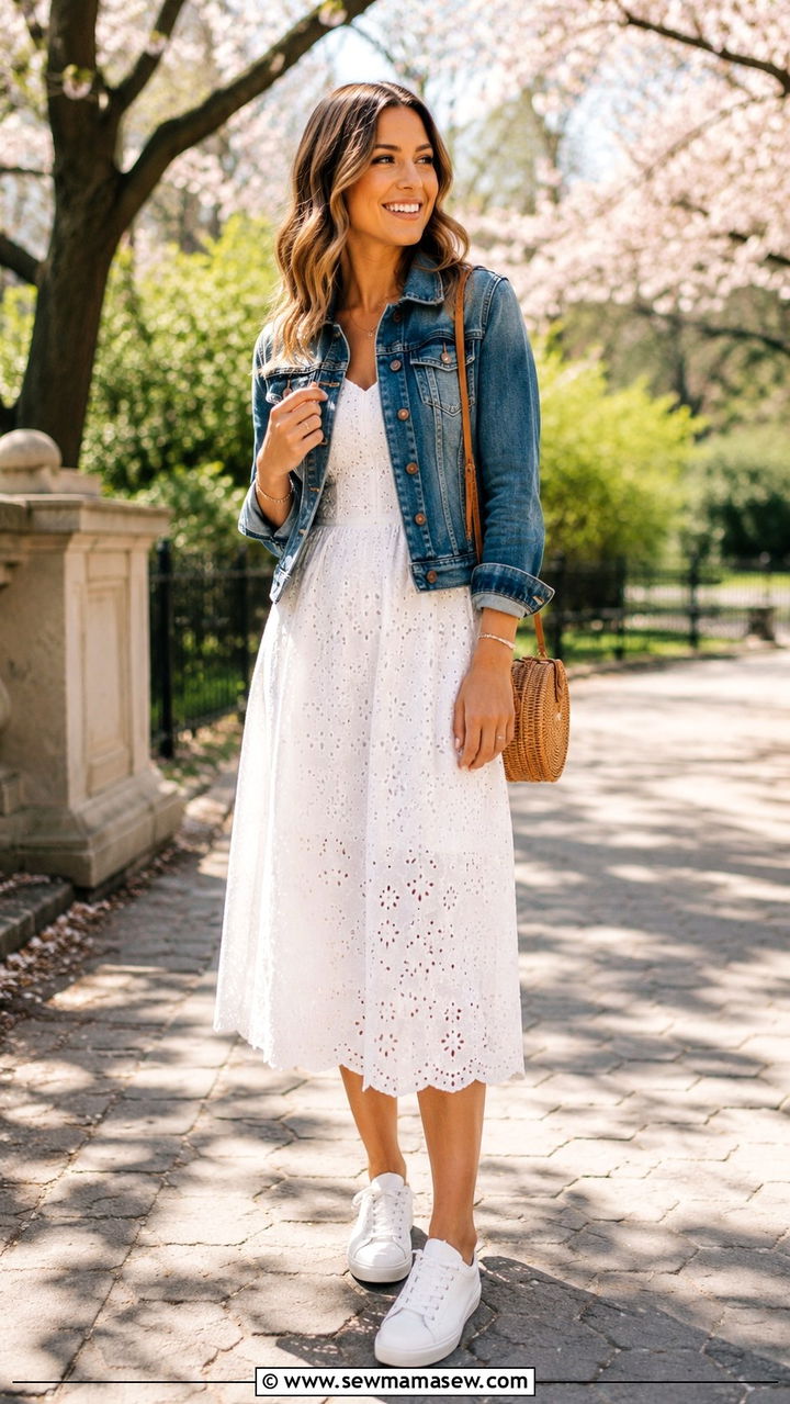 Eyelet dress with denim jacket - 30 Playful spring outfit ideas