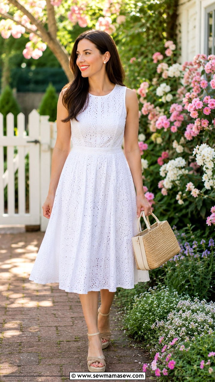 Eyelet dress with espadrille wedges and straw bag outfit - 30 Spring backyard outfits