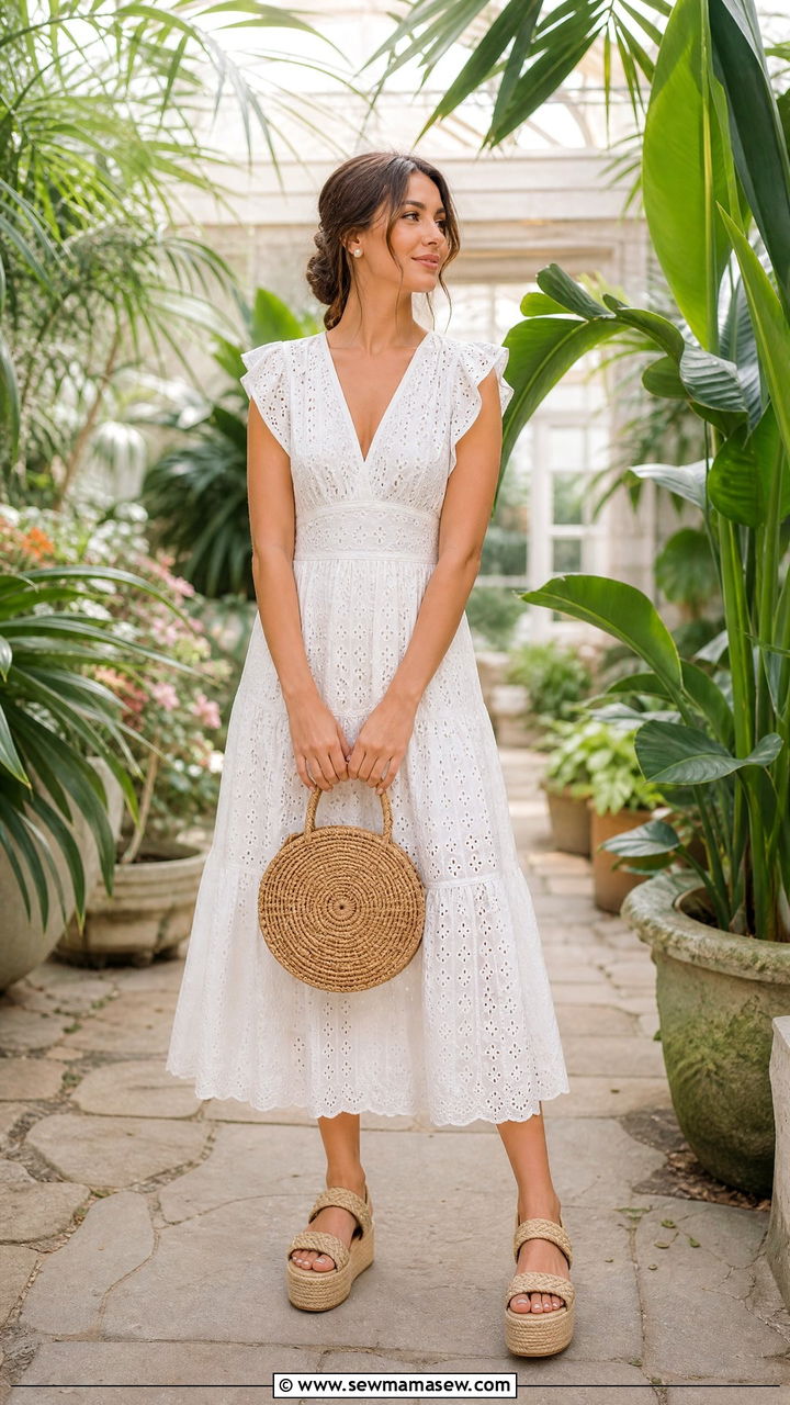 Eyelet dress with platform sandals - 30 summer outfits with platform sandals