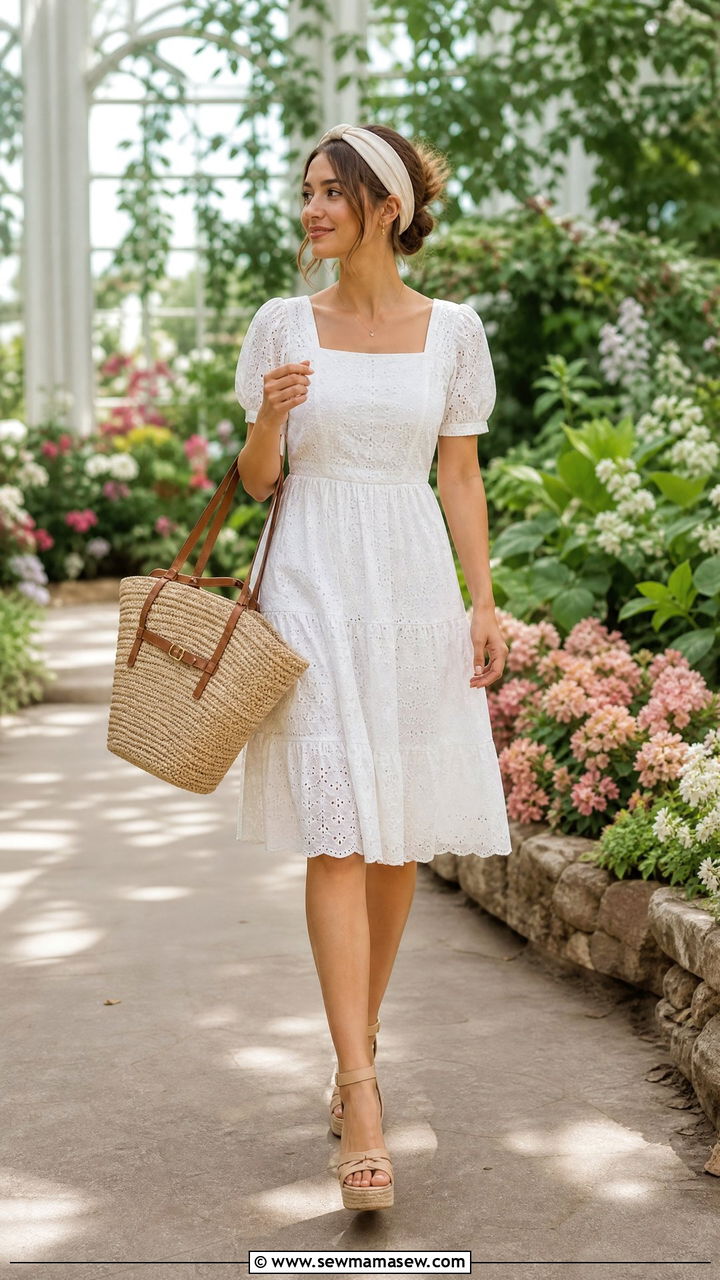 Eyelet lace dress with basket bag - 25 classy cottagecore outfit ideas
