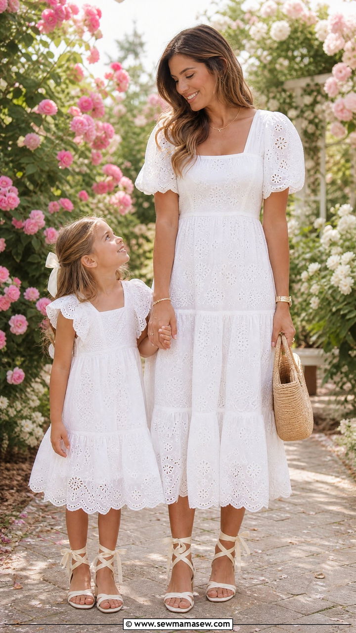 Eyelet lace dress with ribbon tie sandals outfit - 30 Summer mommy and me outfits