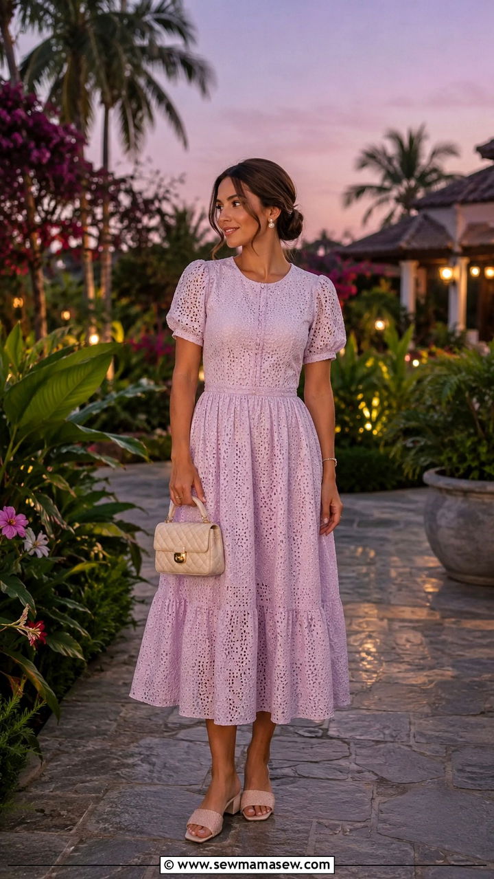 Eyelet lace midi dress with mule heels - 30 cute resort vacation outfits